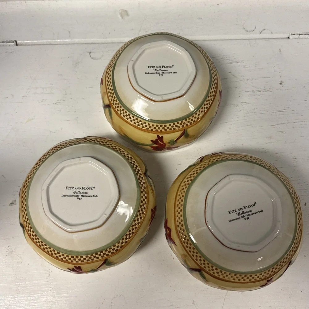 Fitz & Floyd Bellacara Hand-painted Cereal Soup Bowls‎ Set Of 3 Floral RARE